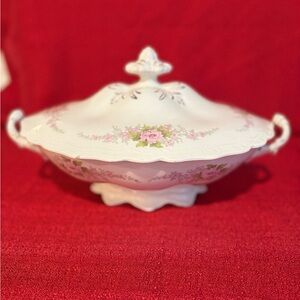 Elegant Johnson Bros. Pink Floral & White Pedestal Covered Vegetable Dish